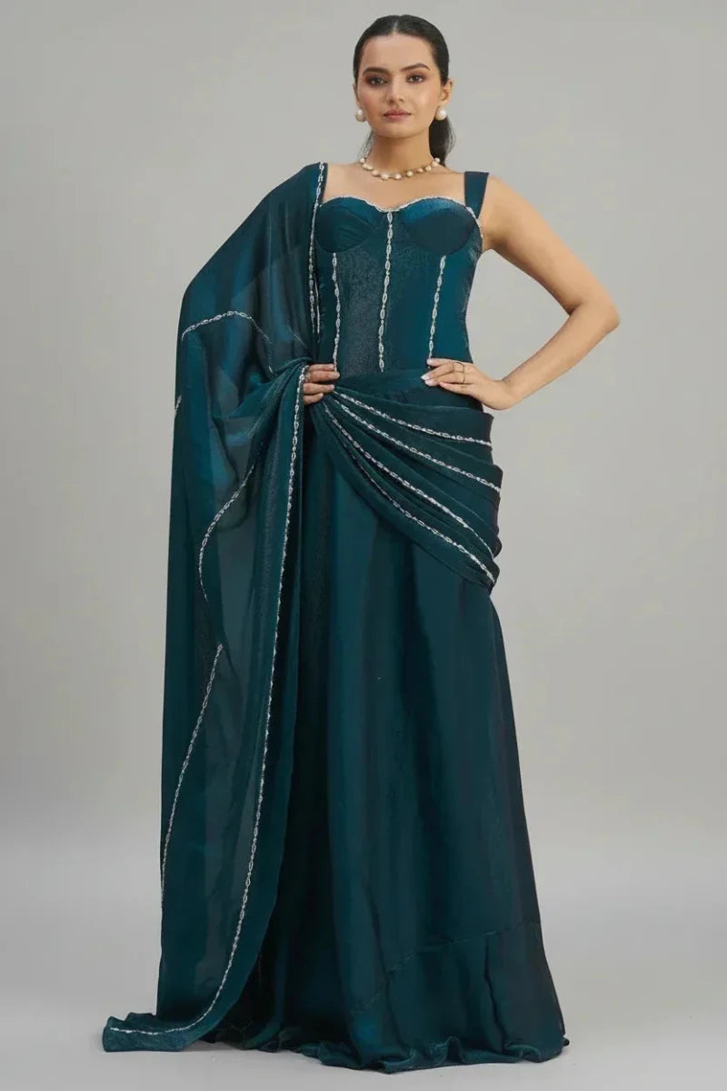 Nayoora Luxe Indigo Teal Organza Beaded Corset Ready - to - Wear Saree - Nayoora