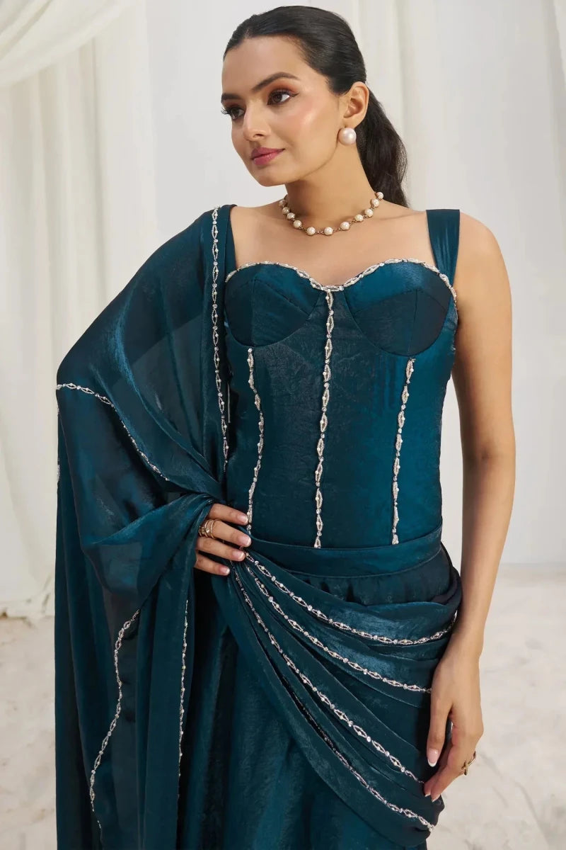 Nayoora Luxe Indigo Teal Organza Beaded Corset Ready - to - Wear Saree - Nayoora