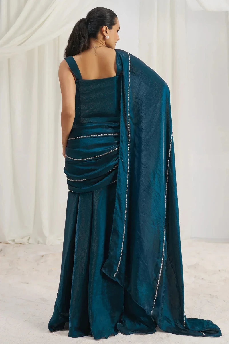 Nayoora Luxe Indigo Teal Organza Beaded Corset Ready - to - Wear Saree - Nayoora