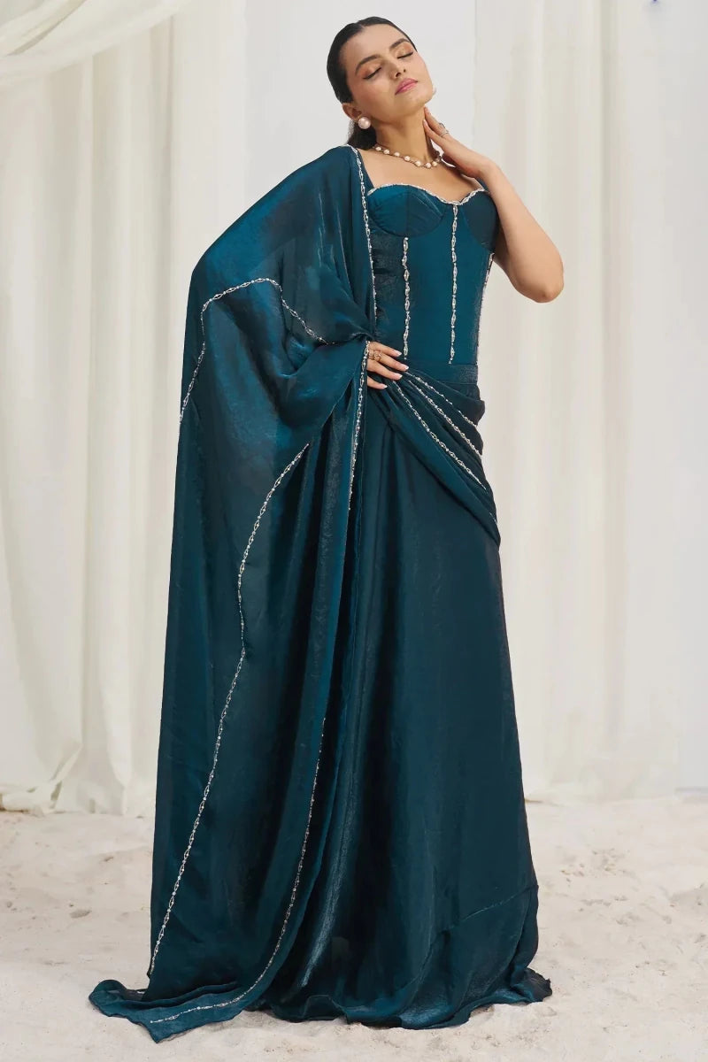 Nayoora Luxe Indigo Teal Organza Beaded Corset Ready - to - Wear Saree - Nayoora