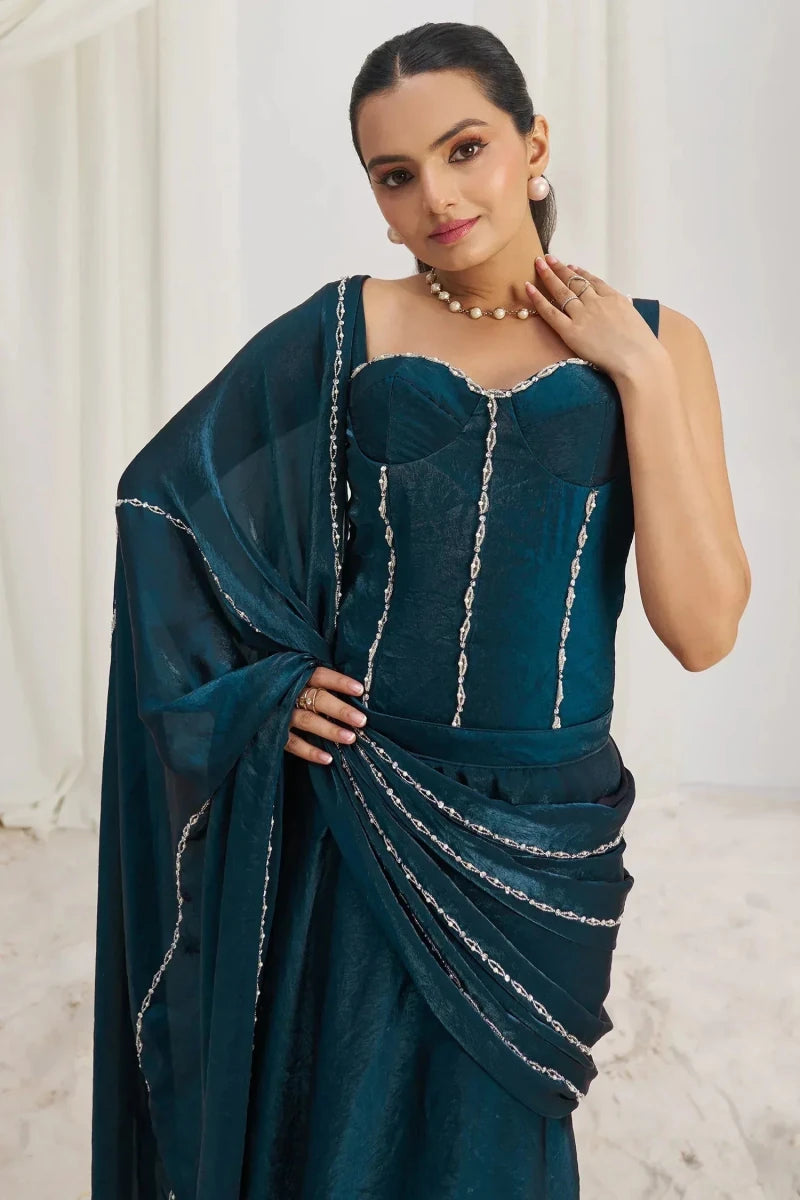 Nayoora Luxe Indigo Teal Organza Beaded Corset Ready - to - Wear Saree - Nayoora