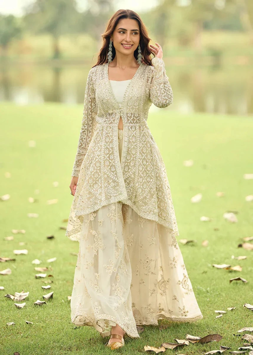 Nayoora Luxe Ivory Bead Embroidered Net Jacket Palazzo Suit - Nayoora