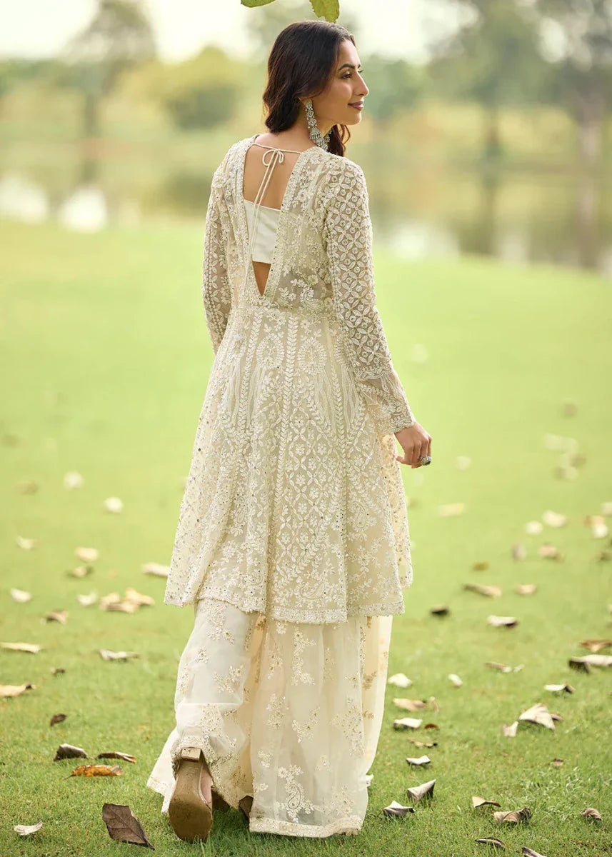 Nayoora Luxe Ivory Bead Embroidered Net Jacket Palazzo Suit - Nayoora
