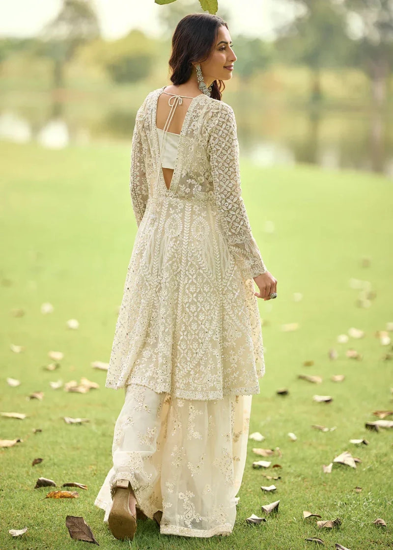 Ivory bead-embroidered net jacket and palazzo suit, back view with open-back neckline