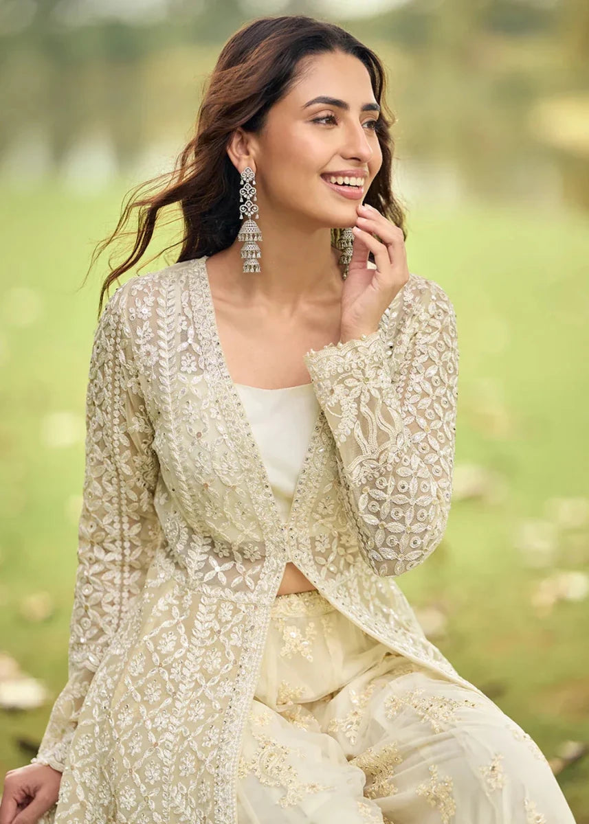 Nayoora Luxe Ivory Bead Embroidered Net Jacket Palazzo Suit - Nayoora