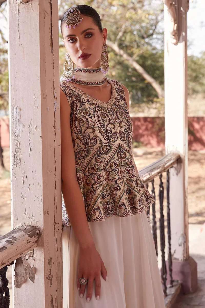 Nayoora Luxe Ivory Cream Georgette Peplum & Palazzo Fusion Co - Ord Set - Nayoora