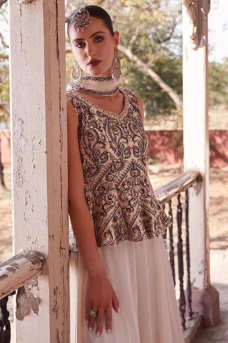 Nayoora Luxe Ivory Cream Georgette Peplum & Palazzo Fusion Co - Ord Set - Nayoora