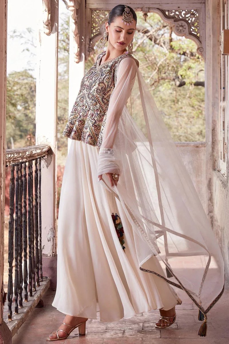 Nayoora Luxe Ivory Cream Georgette Peplum & Palazzo Fusion Co - Ord Set - Nayoora