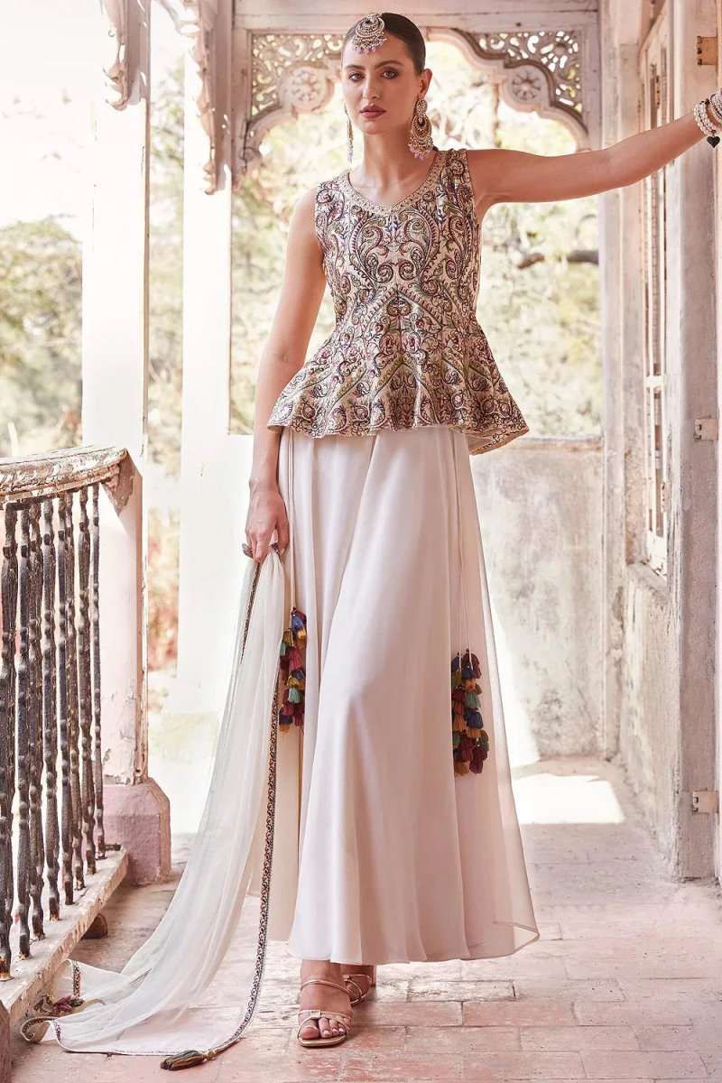 Nayoora Luxe Ivory Cream Georgette Peplum & Palazzo Fusion Co - Ord Set - Nayoora