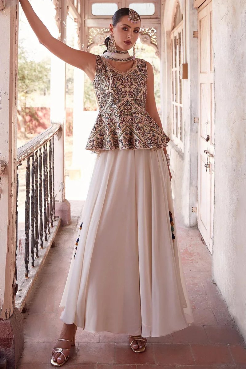 Nayoora Luxe Ivory Cream Georgette Peplum & Palazzo Fusion Co - Ord Set - Nayoora