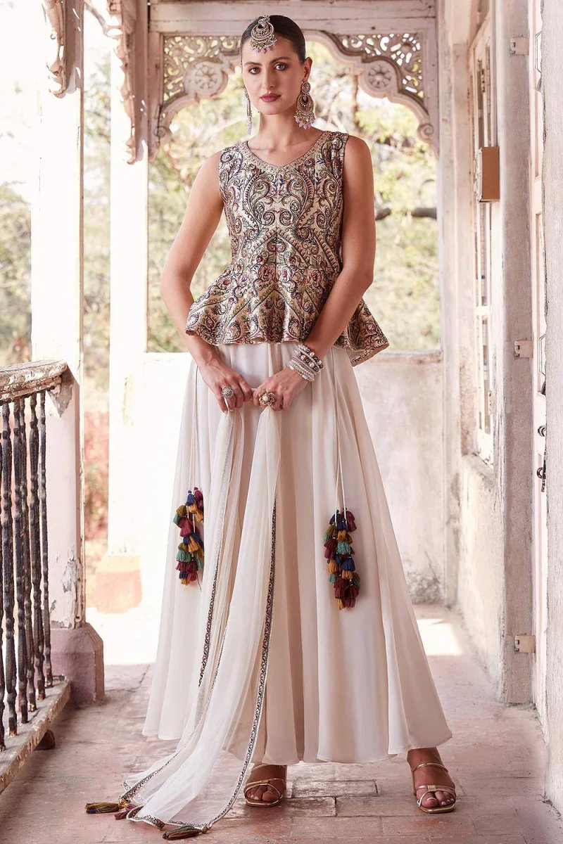 Nayoora Luxe Ivory Cream Georgette Peplum & Palazzo Fusion Co - Ord Set - Nayoora
