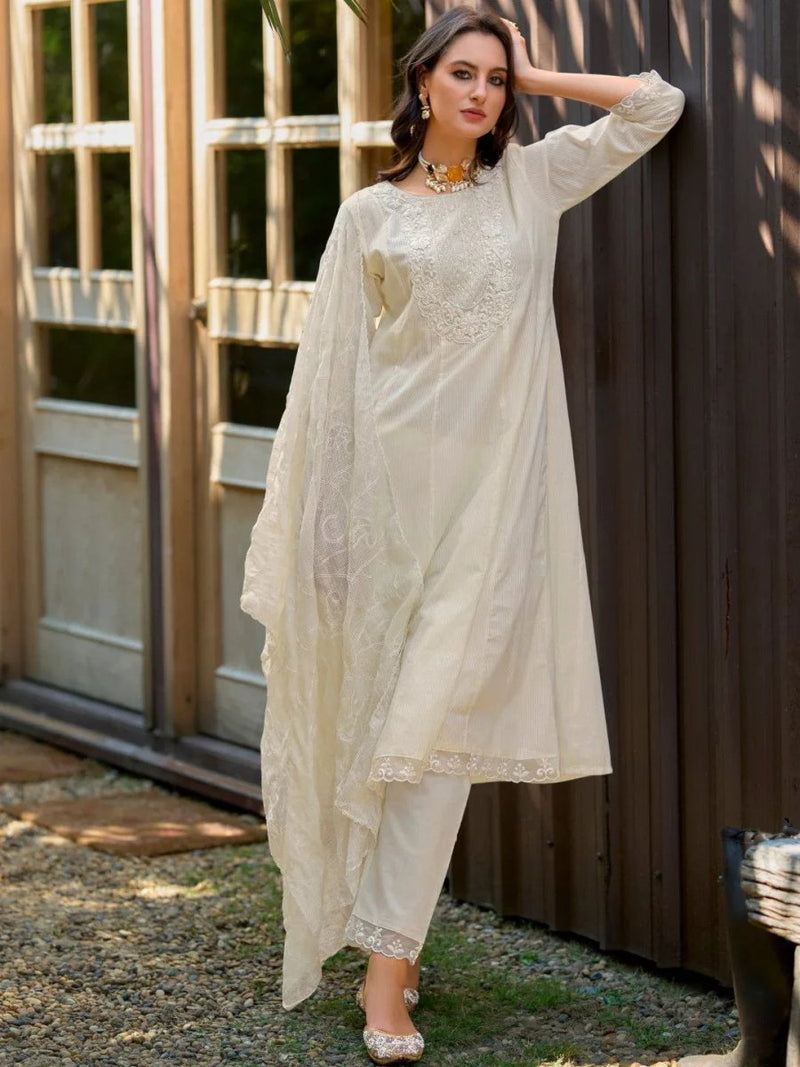 Ivory embroidered anarkali set with long sleeves, pants, and flowing dupatta