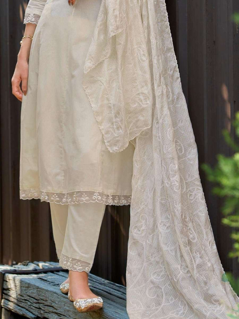 Ivory embroidered anarkali kurta hem, matching pants, and dupatta