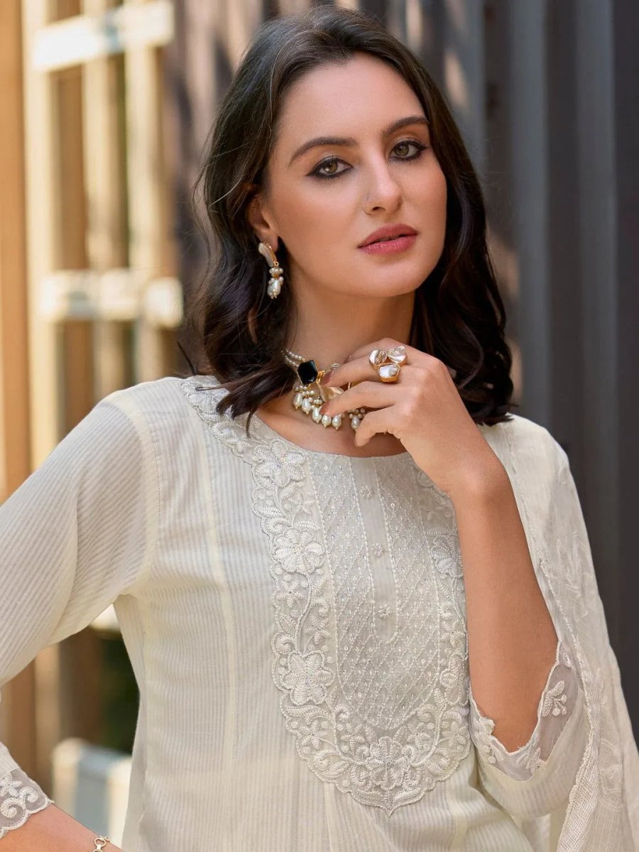 Nayoora Luxe Ivory Cream Lucknowi Embroidered Pure Cotton Jacquard Anarkali Set - Nayoora