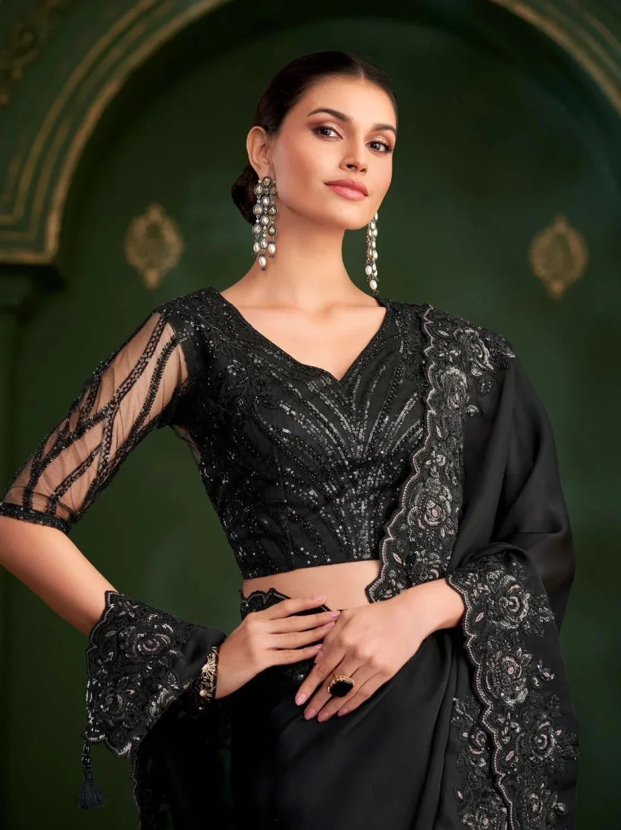 Nayoora Luxe Jet Black Monochrome Embroidered Georgette Silk Saree - Nayoora