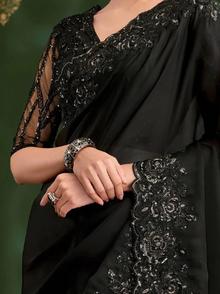 Nayoora Luxe Jet Black Monochrome Embroidered Georgette Silk Saree - Nayoora