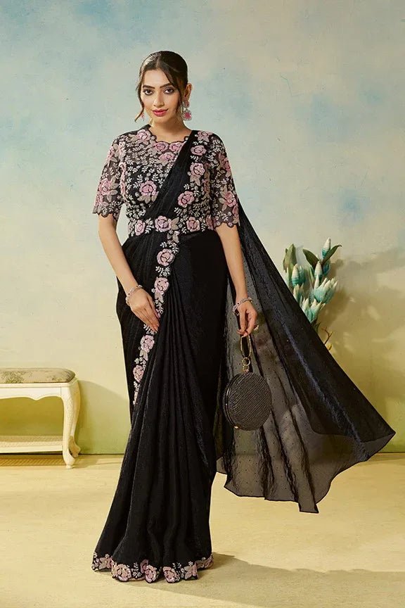 Jet black satin saree set with pink rose and silver-tone embroidery, drape with cape
