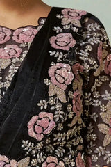 Black satin blouse sleeve with pink rose embroidery and silver beadwork