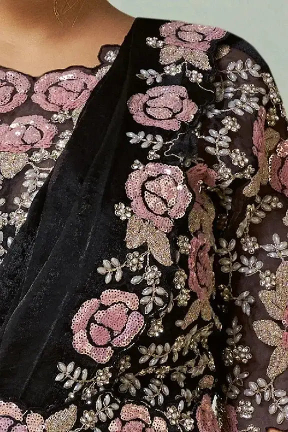 Jet black embroidered blouse panel with pink rose motifs and silver bead details
