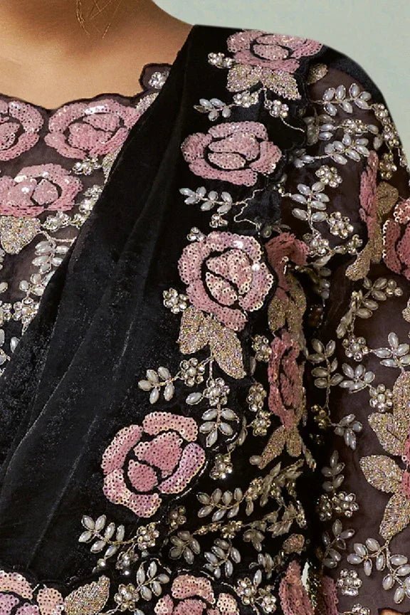Nayoora Luxe Jet Black & Pink Rose Embroidered Satin Silk Saree Set - Nayoora
