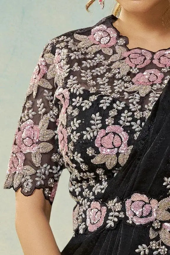 Jet black blouse with pink rose and silver-tone floral embroidery on sleeves