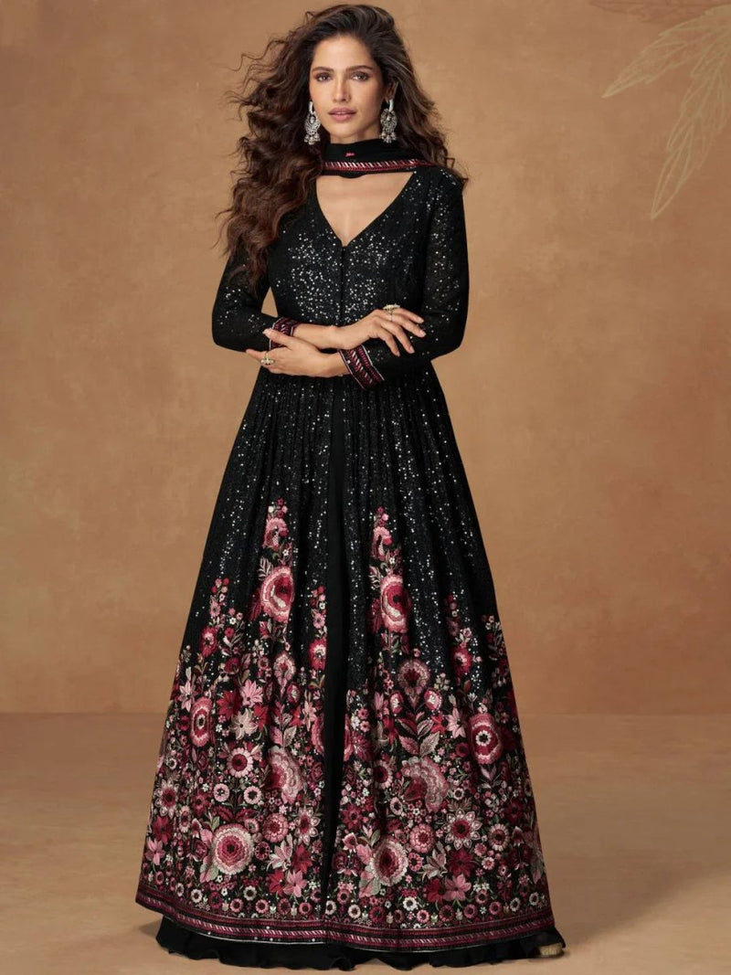 Black sequin chinnon silk anarkali dress with floral border and long sleeves