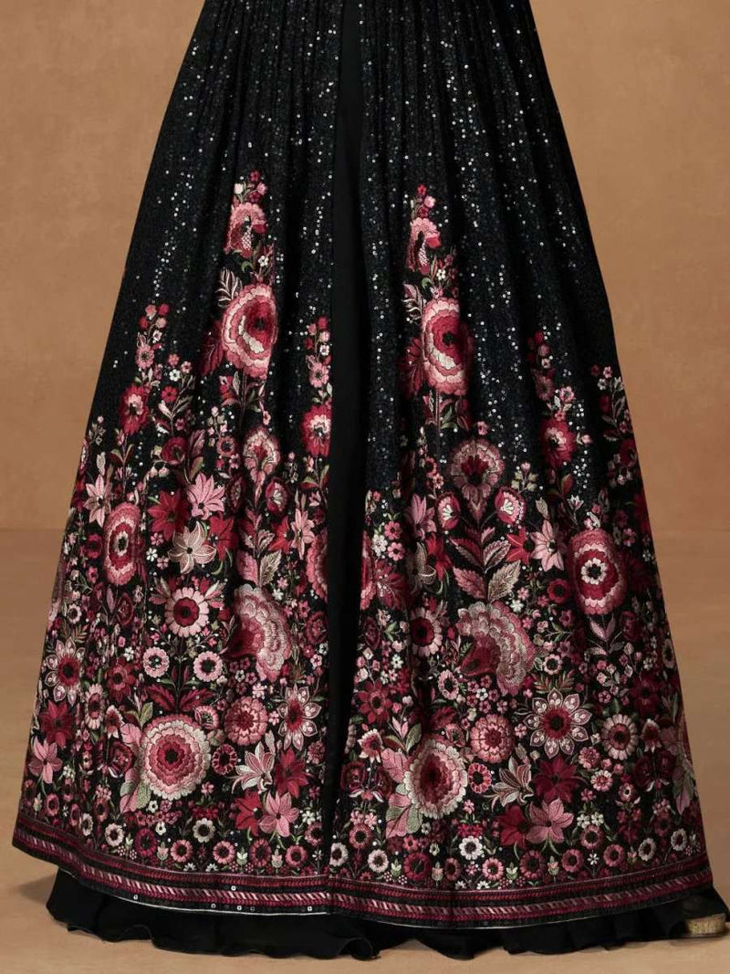 Black anarkali skirt with pink floral sequin border and wide flared hem
