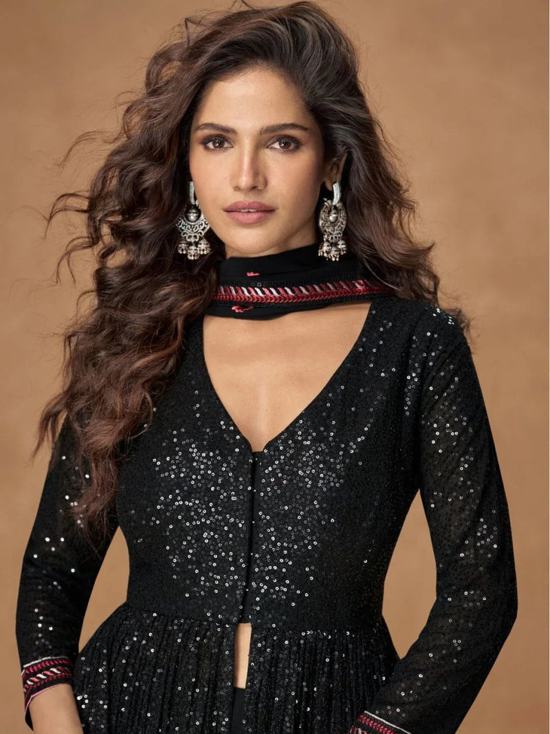 Black sequin anarkali dress with deep V neckline, button front, and long sleeves