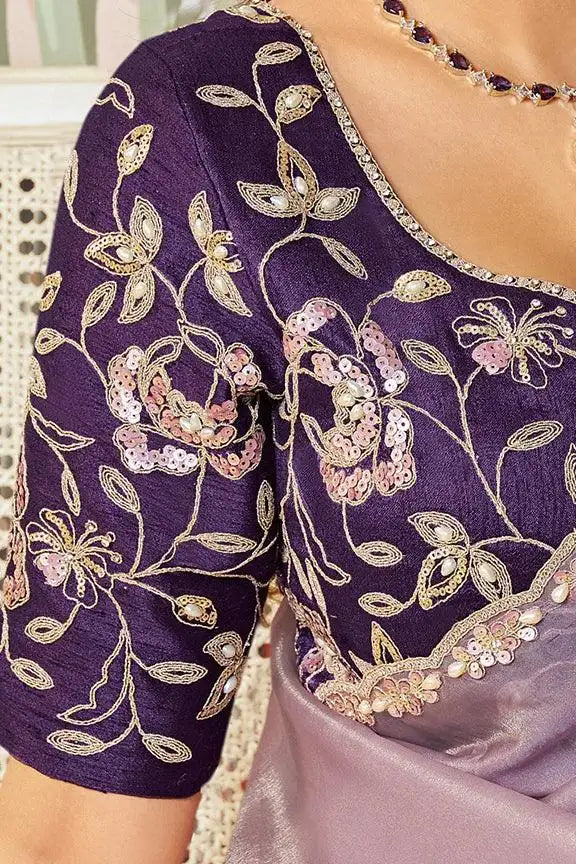 Dark purple embroidered blouse with floral zari and sequin motifs