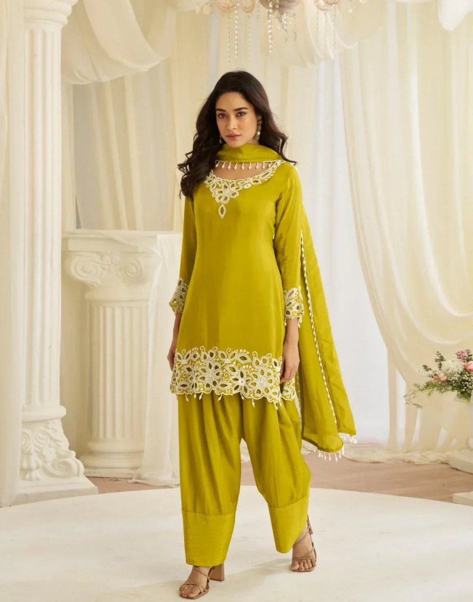 Nayoora Luxe Lime Green Crepe Silk Beads Work Farsi Suit - Nayoora