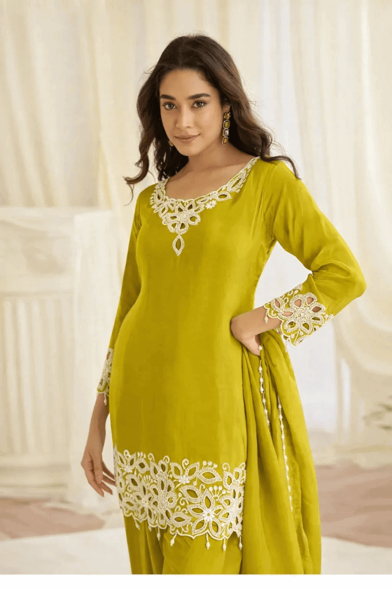 Nayoora Luxe Lime Green Crepe Silk Beads Work Farsi Suit - Nayoora