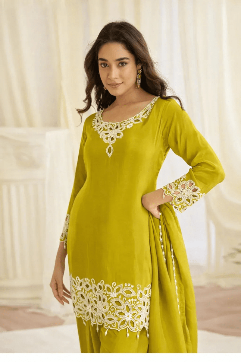 Nayoora Luxe Lime Green Crepe Silk Beads Work Farsi Suit - Nayoora