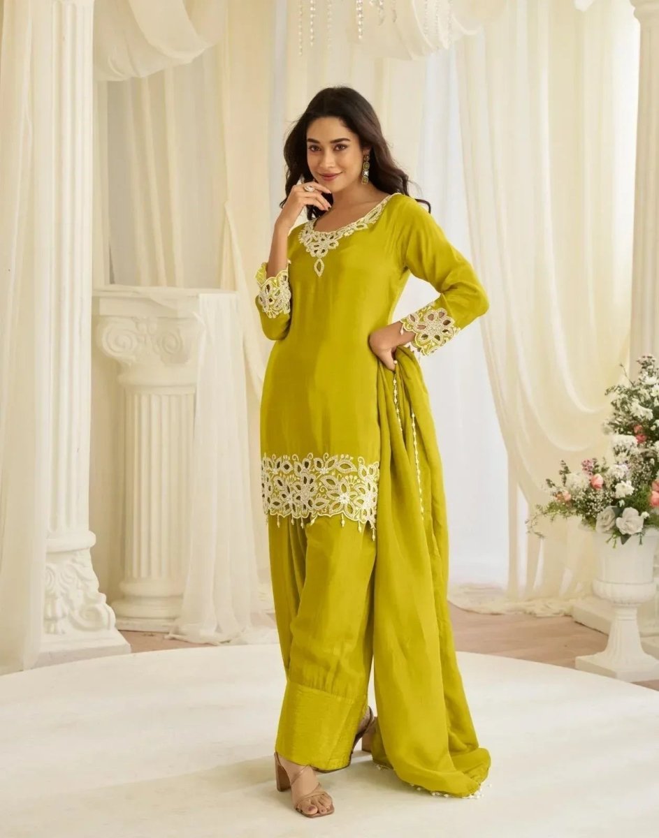 Nayoora Luxe Lime Green Crepe Silk Beads Work Farsi Suit - Nayoora