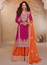 Embroidered magenta A-line palazzo suit with flared hem and orange dupatta