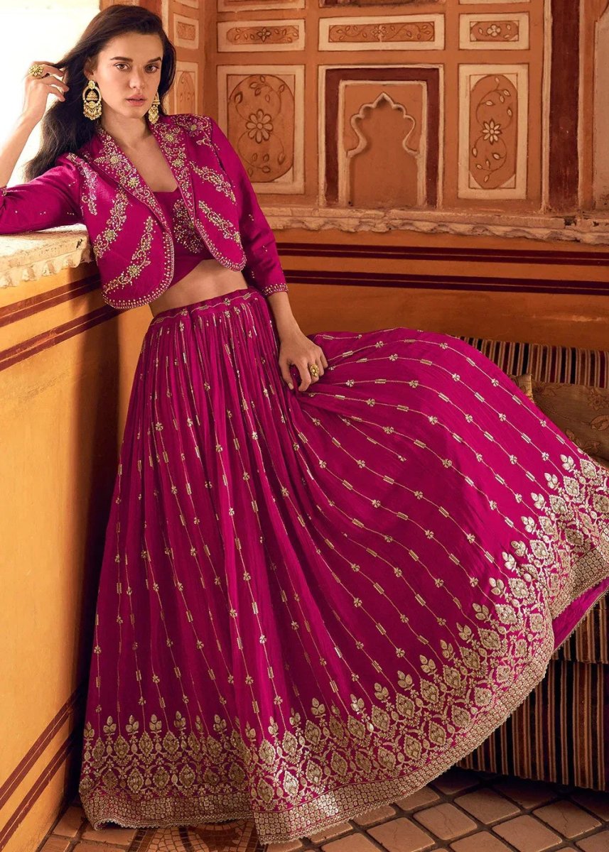 Nayoora Luxe Magenta Pink Chinon Silk Embroidered Jacket Style Fusion Lehenga - Nayoora