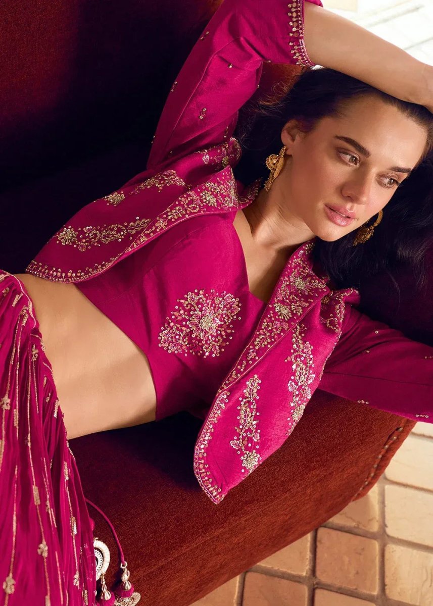 Nayoora Luxe Magenta Pink Chinon Silk Embroidered Jacket Style Fusion Lehenga - Nayoora