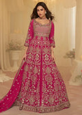 Magenta georgette skirt set with gold embroidery, 3/4 sleeves, front-slit flare