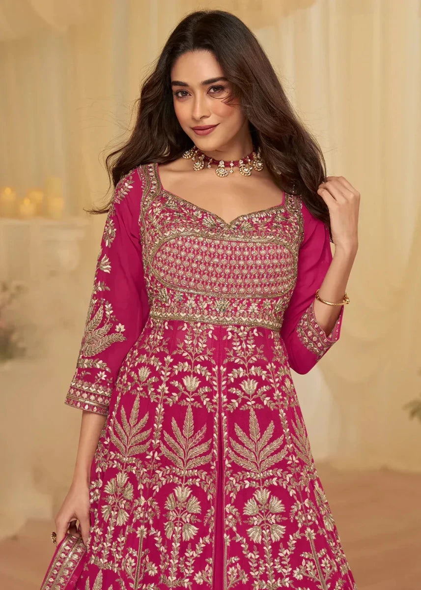 Nayoora Luxe Magenta Pink Real Georgette Front - Slit Skirt Set - Nayoora