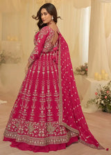 Magenta pink long skirt set with front-slit style and gold foil-like motifs