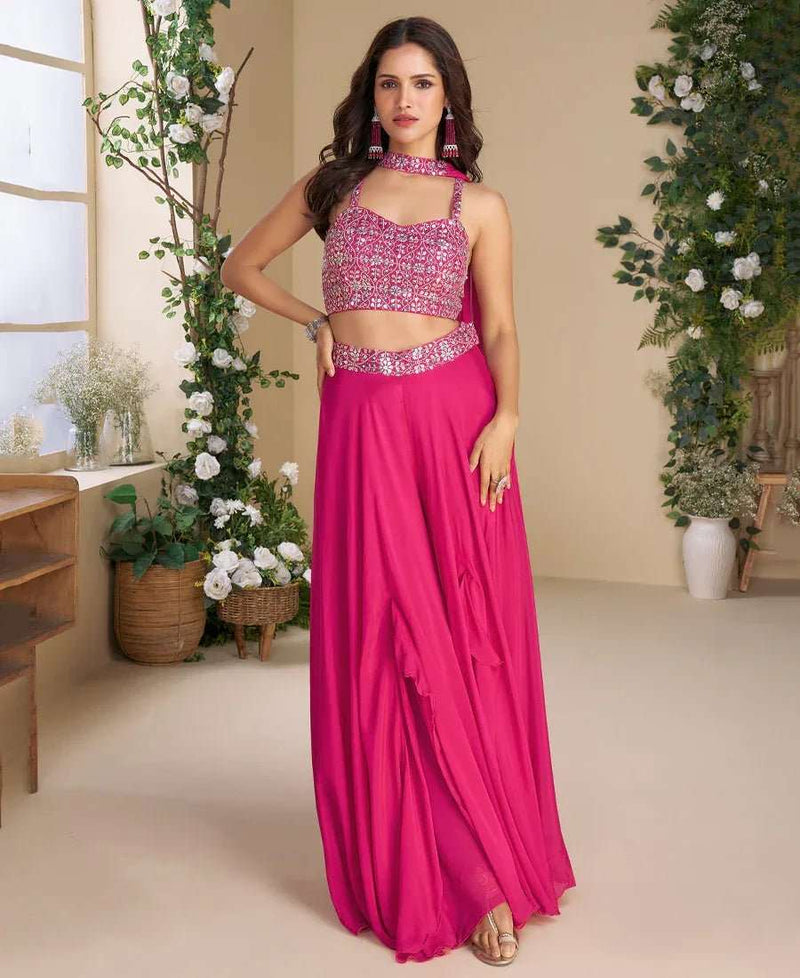 Magenta strap top and flowing palazzo set with silver mirror-work embroidery