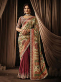 Nayoora Luxe Maroon Vintage Print Silk Saree with Heavy Pearl Border - Nayoora