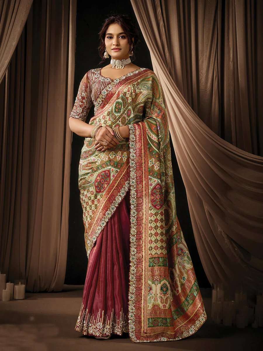 Nayoora Luxe Maroon Vintage Print Silk Saree with Heavy Pearl Border - Nayoora