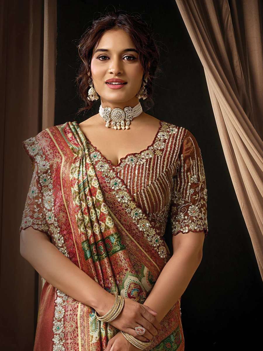 Nayoora Luxe Maroon Vintage Print Silk Saree with Heavy Pearl Border - Nayoora