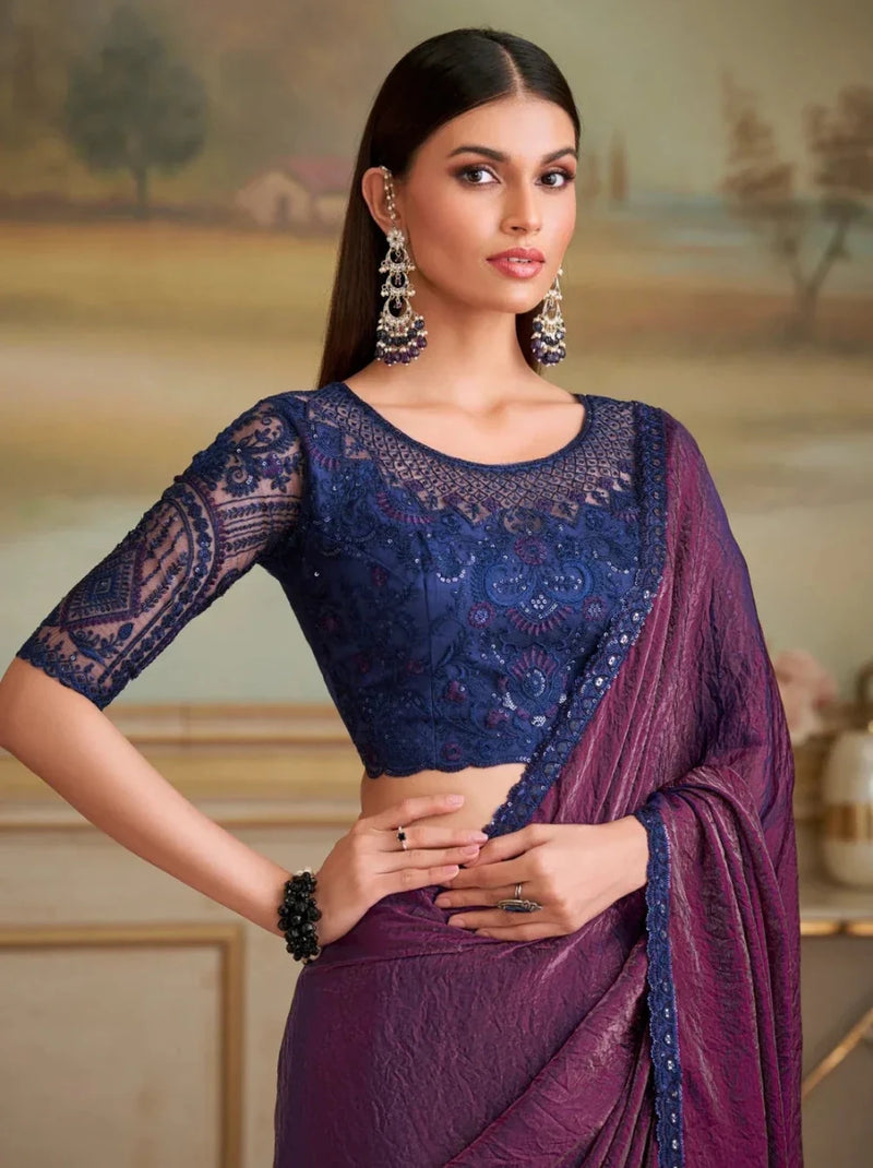 Metallic tissue saree and midnight-blue embroidered blouse, aubergine purple drape