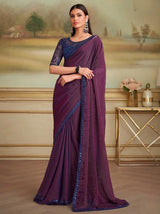 Metallic tissue saree with midnight-blue blouse, aubergine purple drape with contrast border