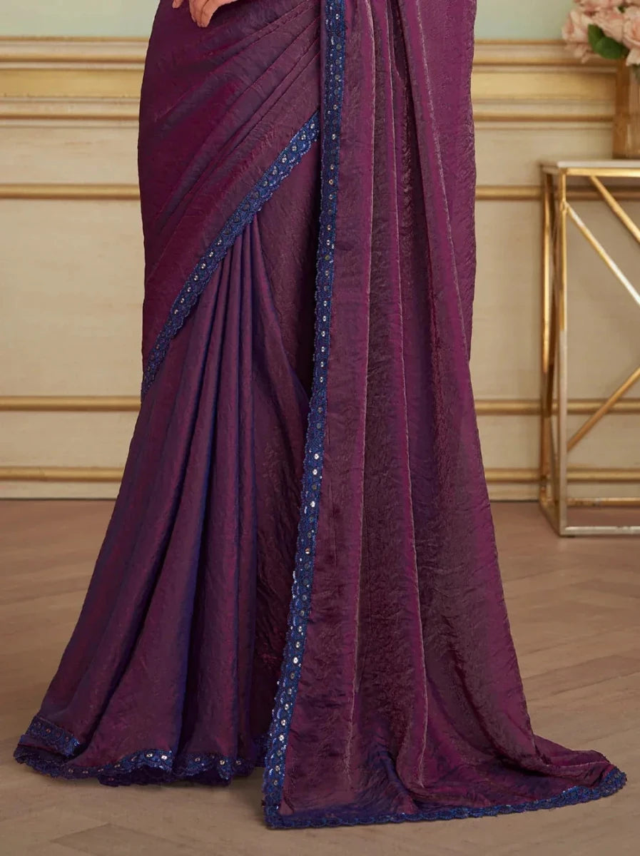 Nayoora Luxe Metallic Aubergine Purple Tissue Saree with Midnight Blue Blouse - Nayoora
