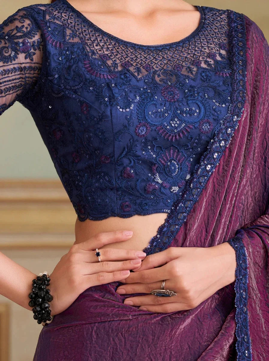 Nayoora Luxe Metallic Aubergine Purple Tissue Saree with Midnight Blue Blouse - Nayoora