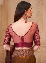 Wine blouse backless V-back with sheer lace sleeves, bronze saree border