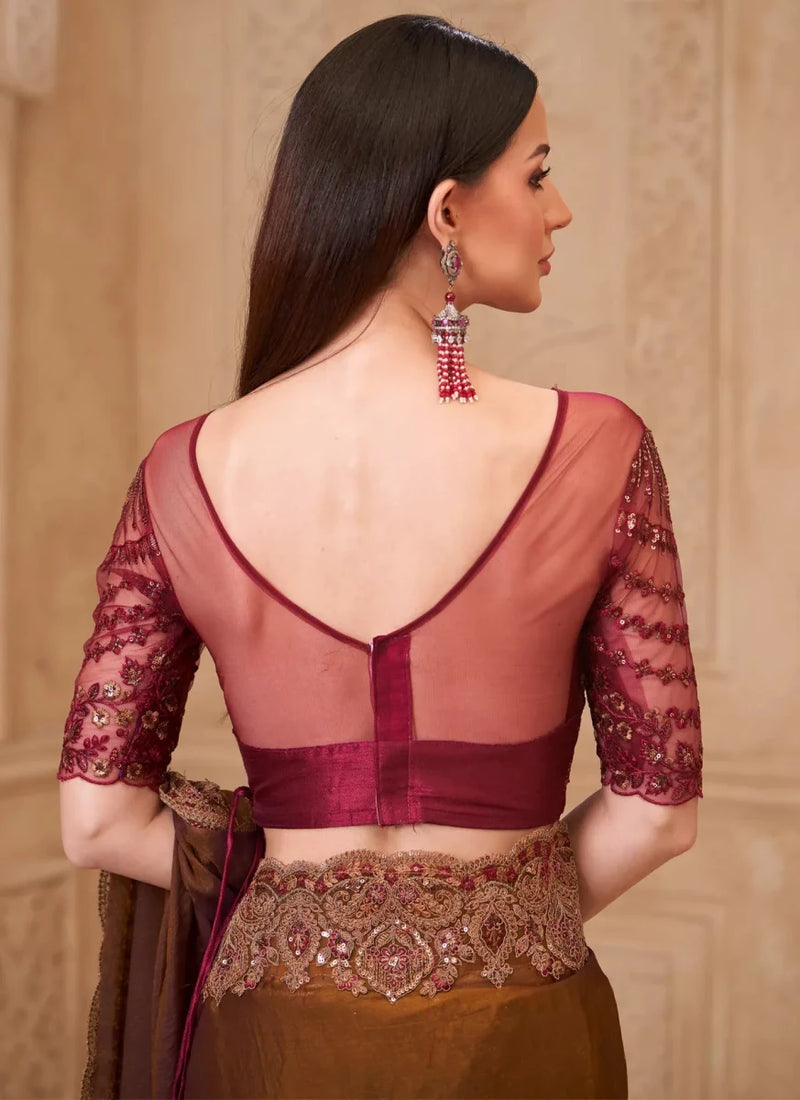 Wine blouse backless V-back with sheer lace sleeves, bronze saree border