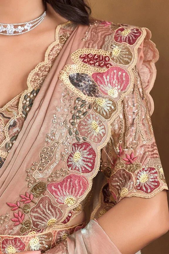 Nayoora Luxe Metallic Champagne Beige Crushed Paper Silk Saree with Belt - Nayoora